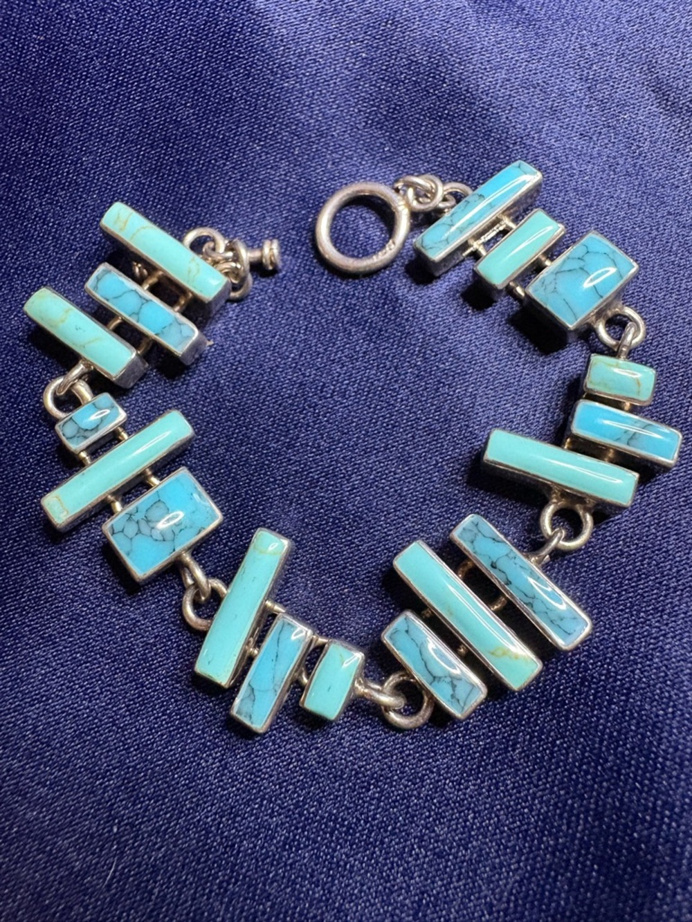 Bracelet Genuine Turquoise 925 Sterling Silver Link Vintage Signed HOB Mexico